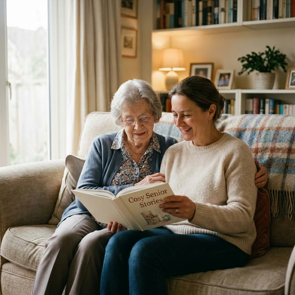 Caregiver reading to elderly parent
