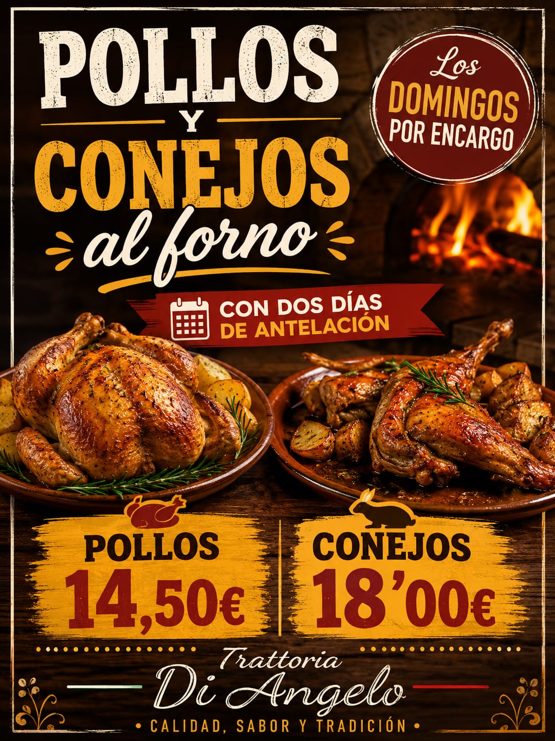 Pollos y conejos al forno — Los domingos por encargo, con dos días de antelación. Pollos 14,50€ · Conejos 18,00€