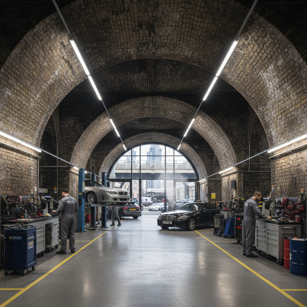 Professional mechanics working in London railway arches