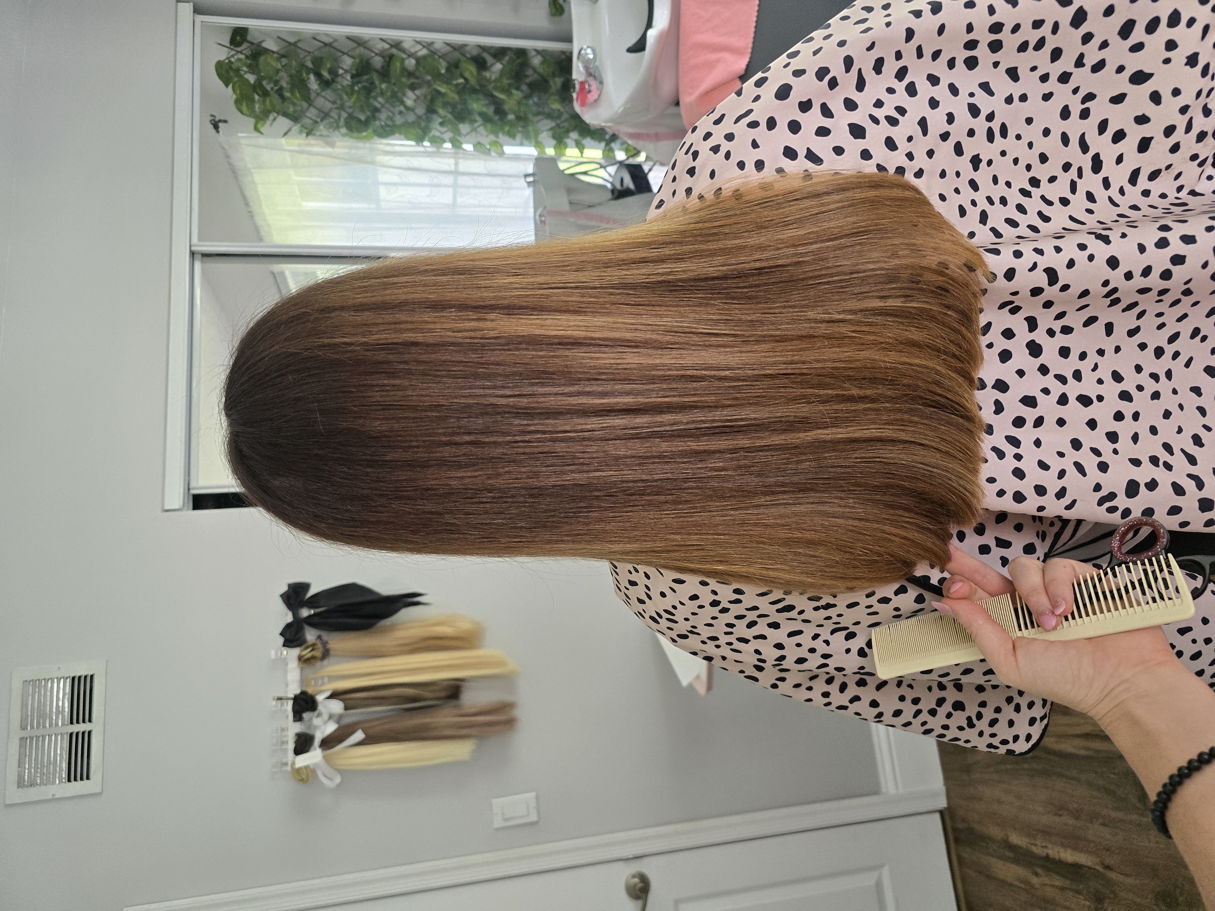 K-tip extensions brown hair styled with comb Boca Raton
