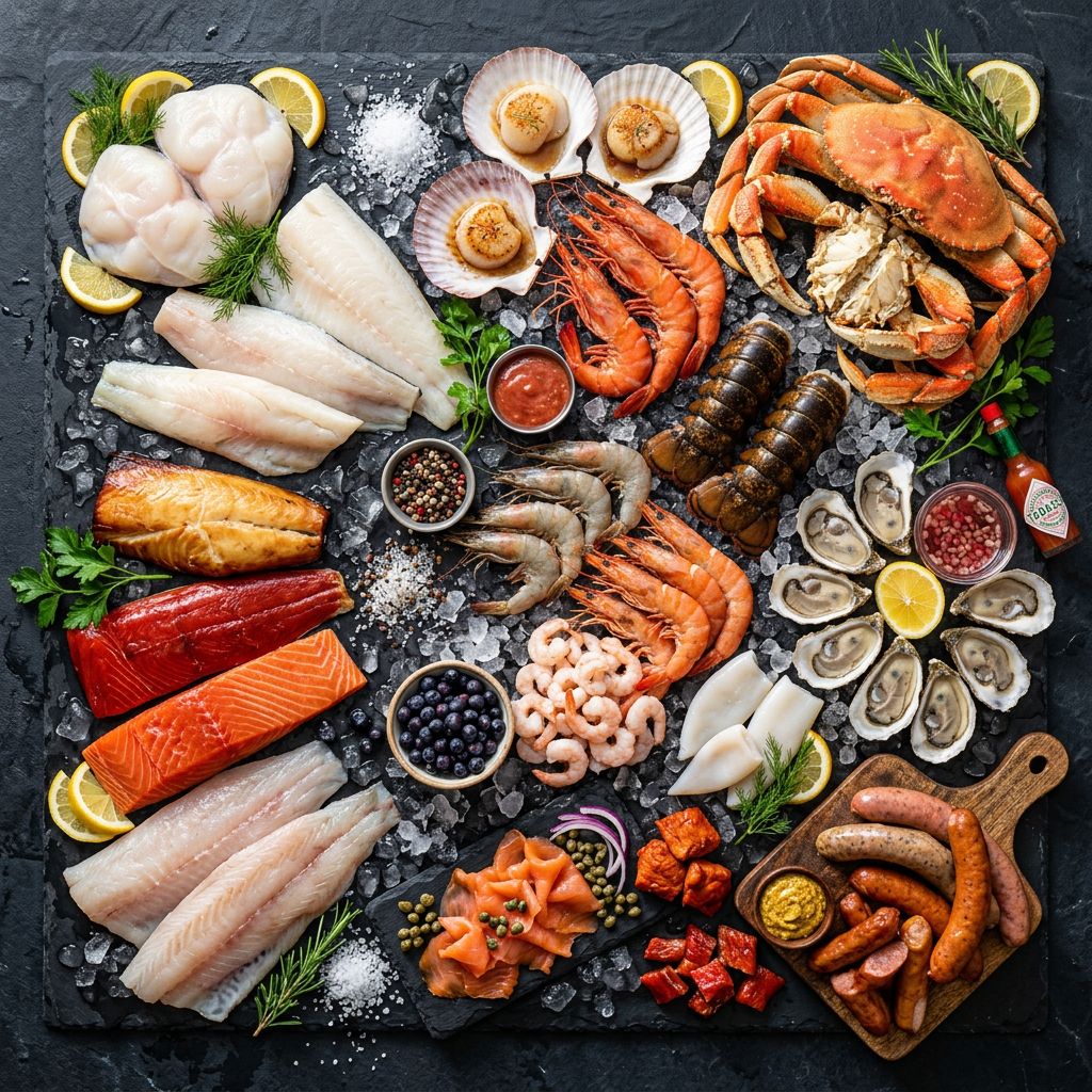 Fresh seafood display featuring all available products
