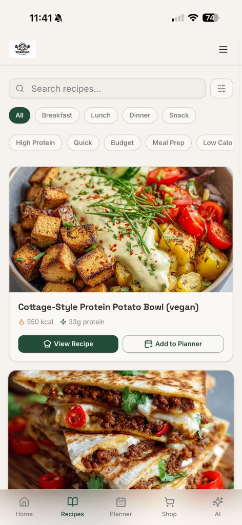 The recipe library of the VeganGainsKitchen Members Area on a phone