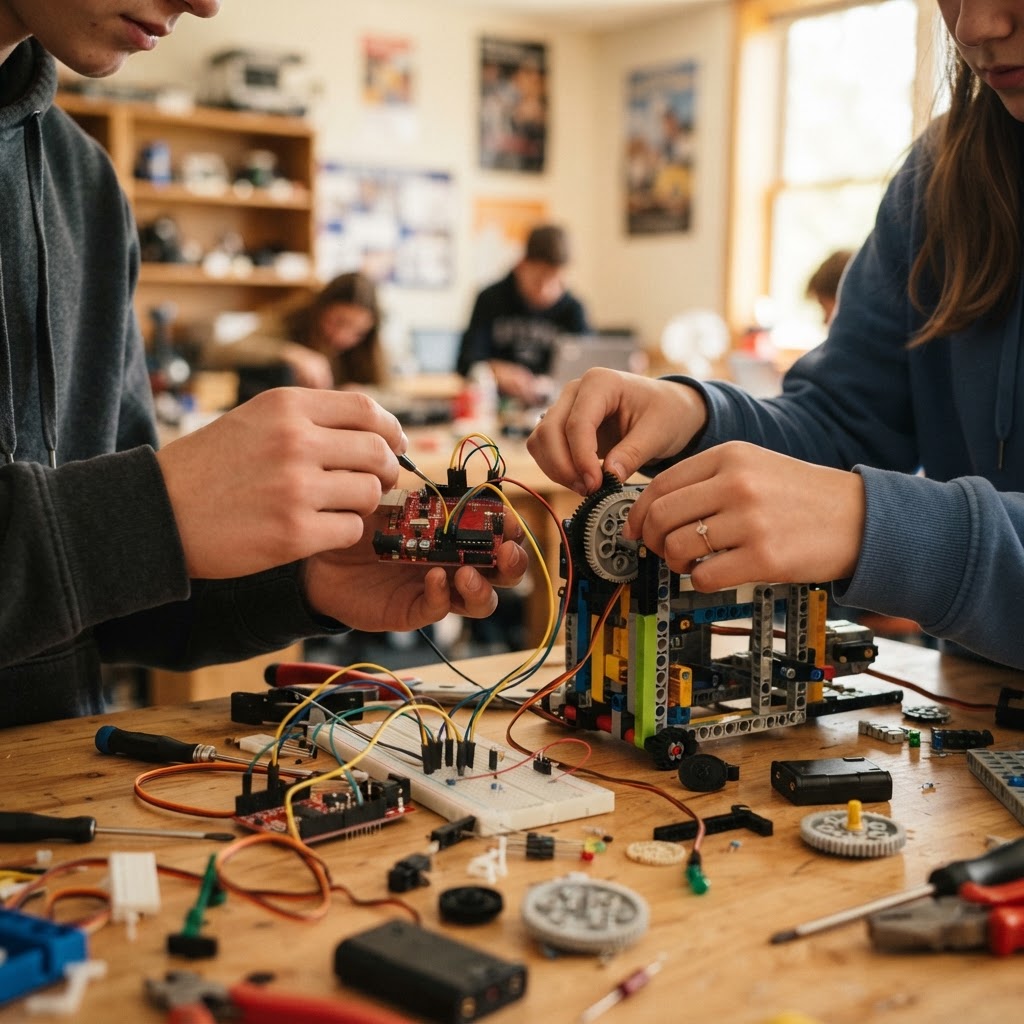 Two high school students building a robotics project together
