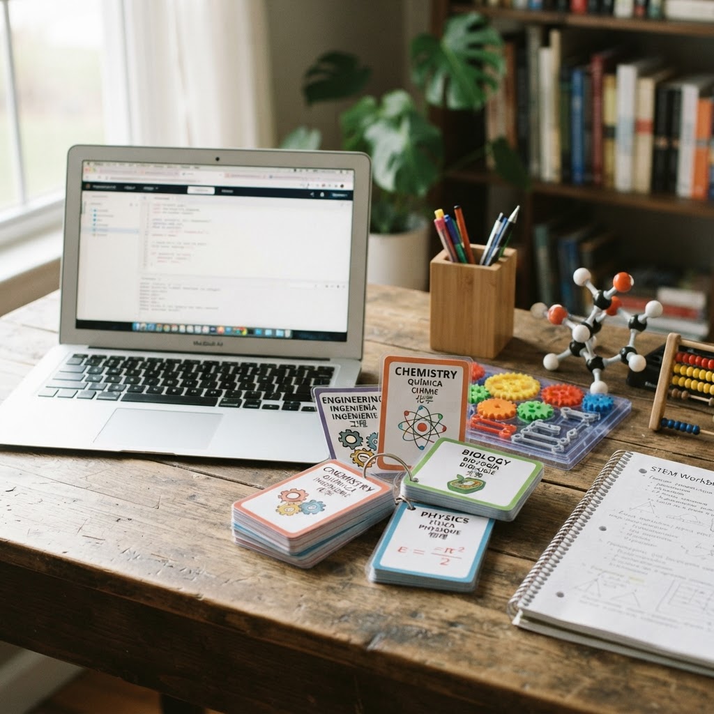 STEM flashcards with multilingual labels on a desk