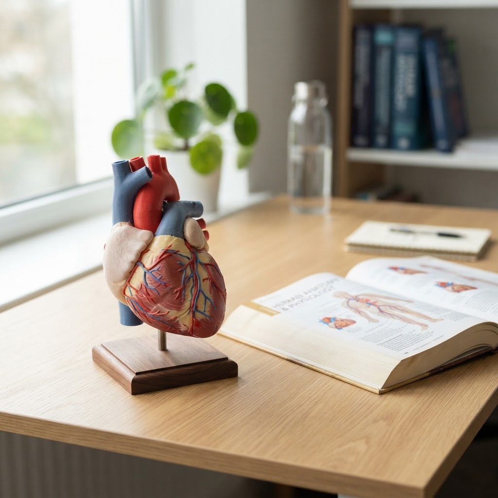 A 3D-printed anatomical heart model beside a biology textbook