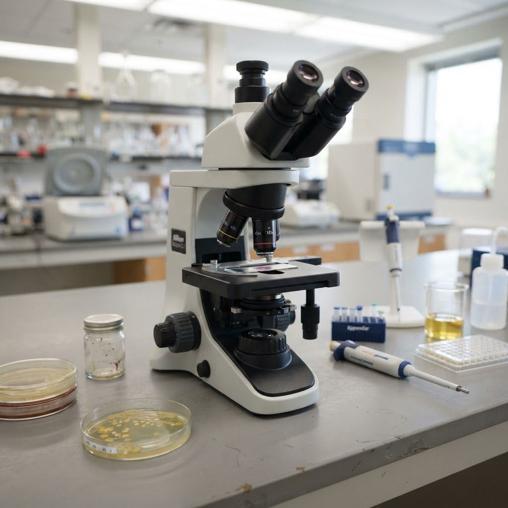 A microscope with slides and petri dishes on a lab bench