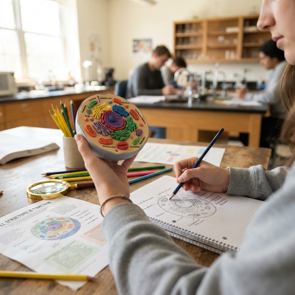 A student holding a 3D-printed biological cell model while sketching a cell diagram in a notebook