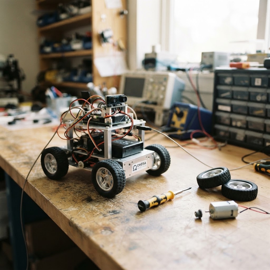 A wheeled robot prototype and tools on a workbench