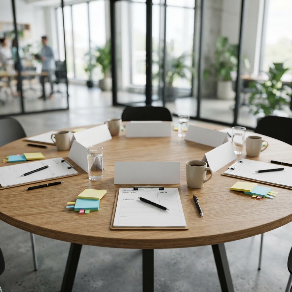 A meeting table with name tents, markers, and planning materials