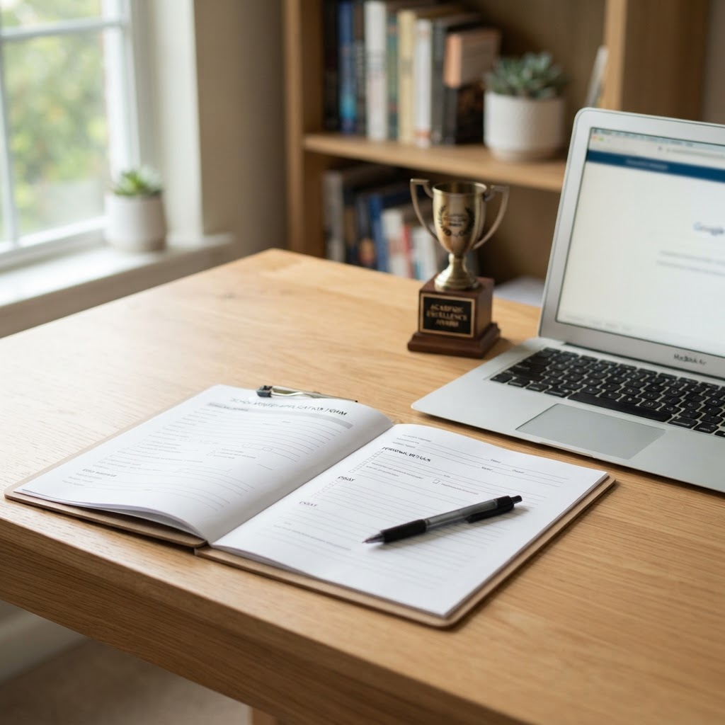 A desk with a scholarship application form, pen, and laptop