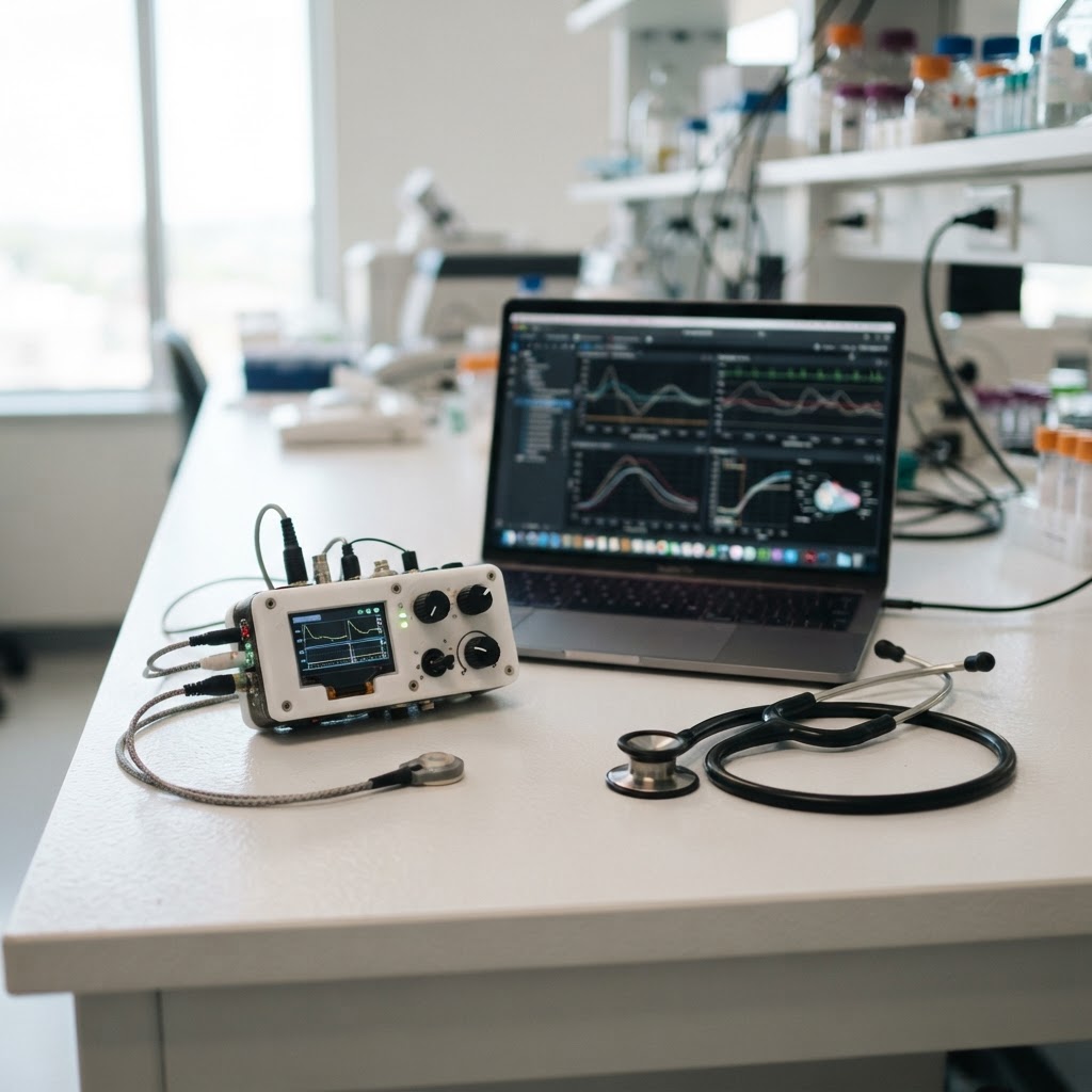 A biomedical device prototype and stethoscope on a clinical table