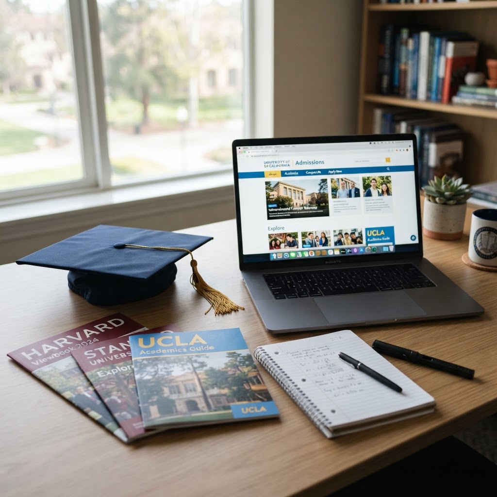 College brochures, a graduation cap, and a laptop on a desk