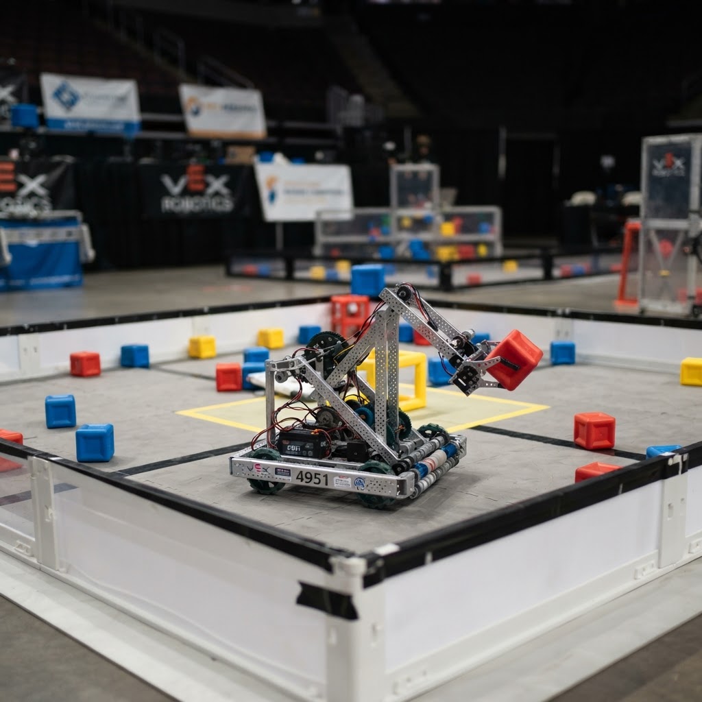 A competition robot on a small arena field with scoring cubes