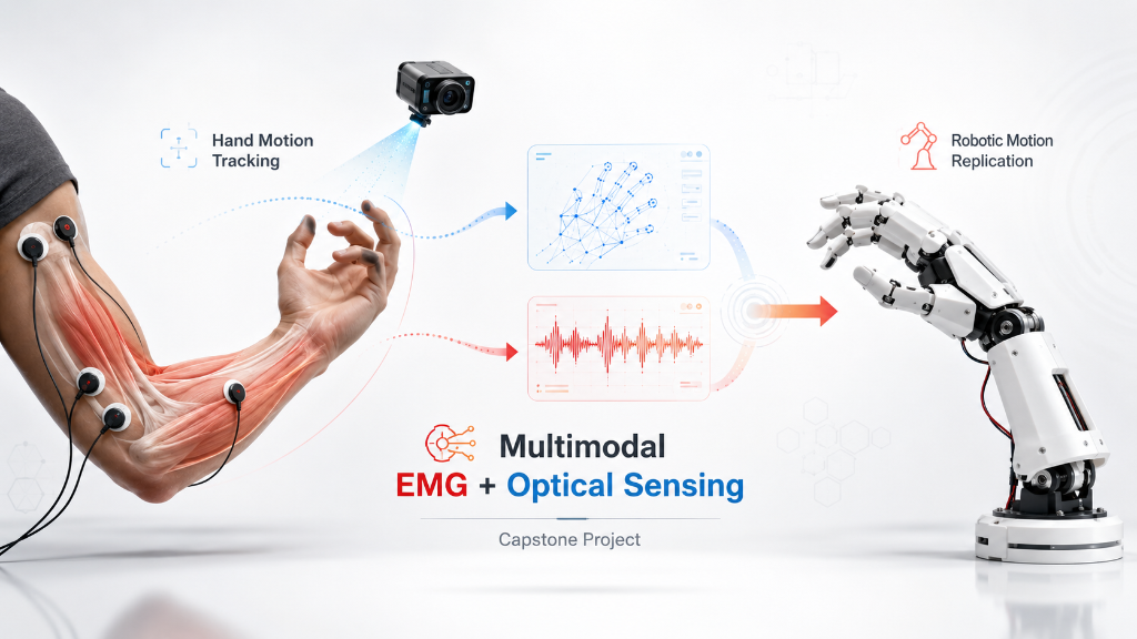 Figure 1: Tracking and imitating hand motion using multimodal EMG and optical sensing