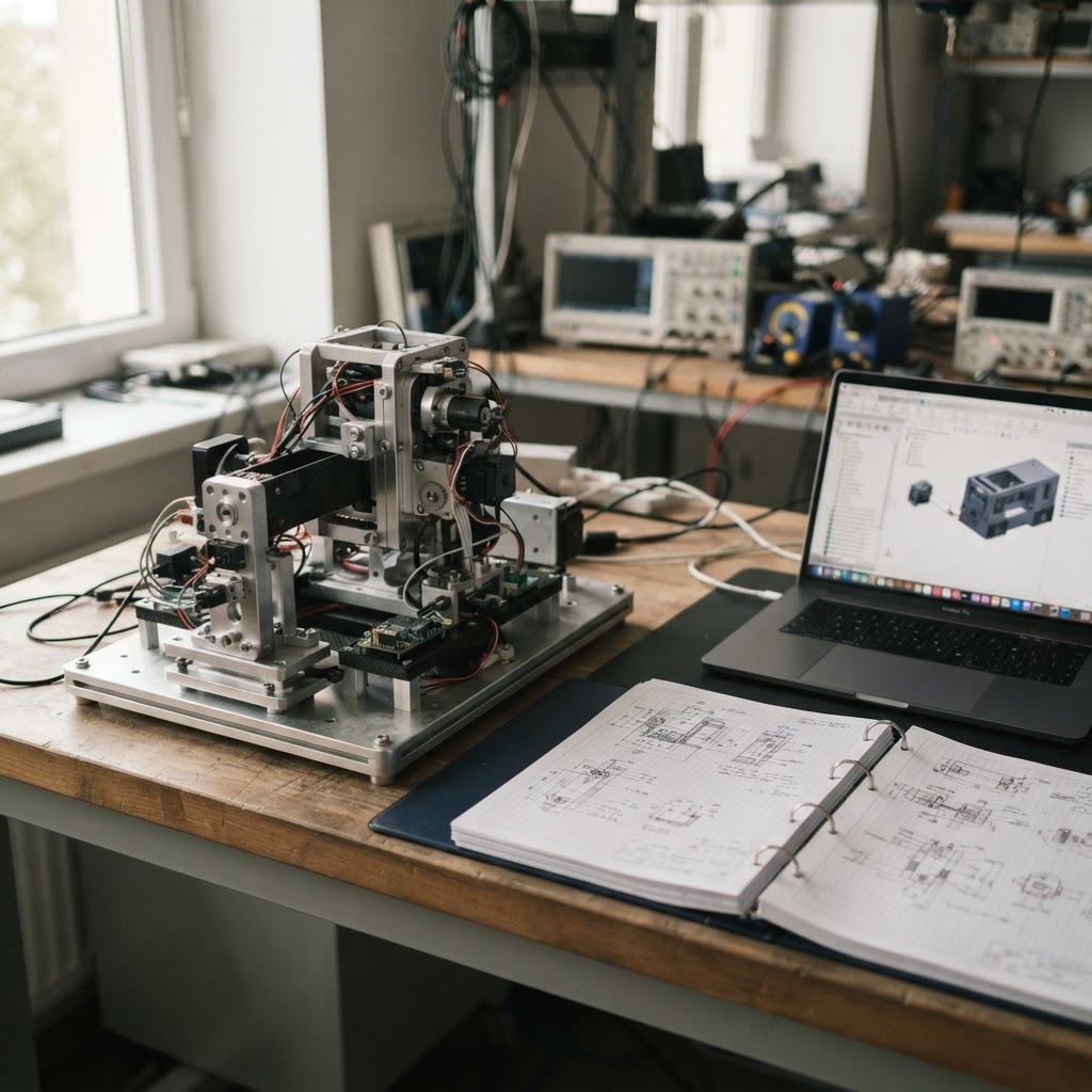 An advanced engineering prototype with a project binder and laptop