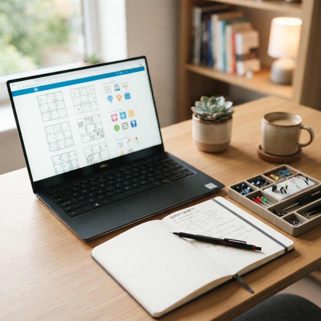 An organized study desk with a laptop and STEM materials