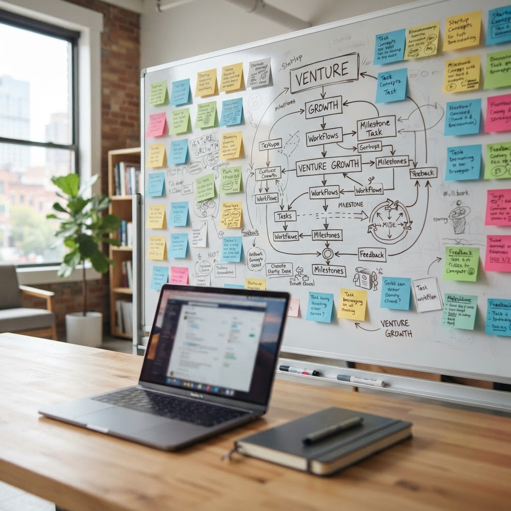 A whiteboard with startup idea sticky notes and a laptop