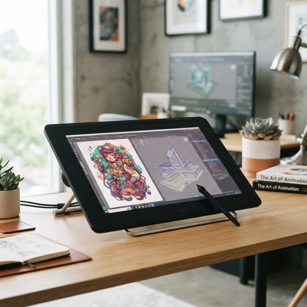 A drawing tablet and screen with digital illustrations and 3D models