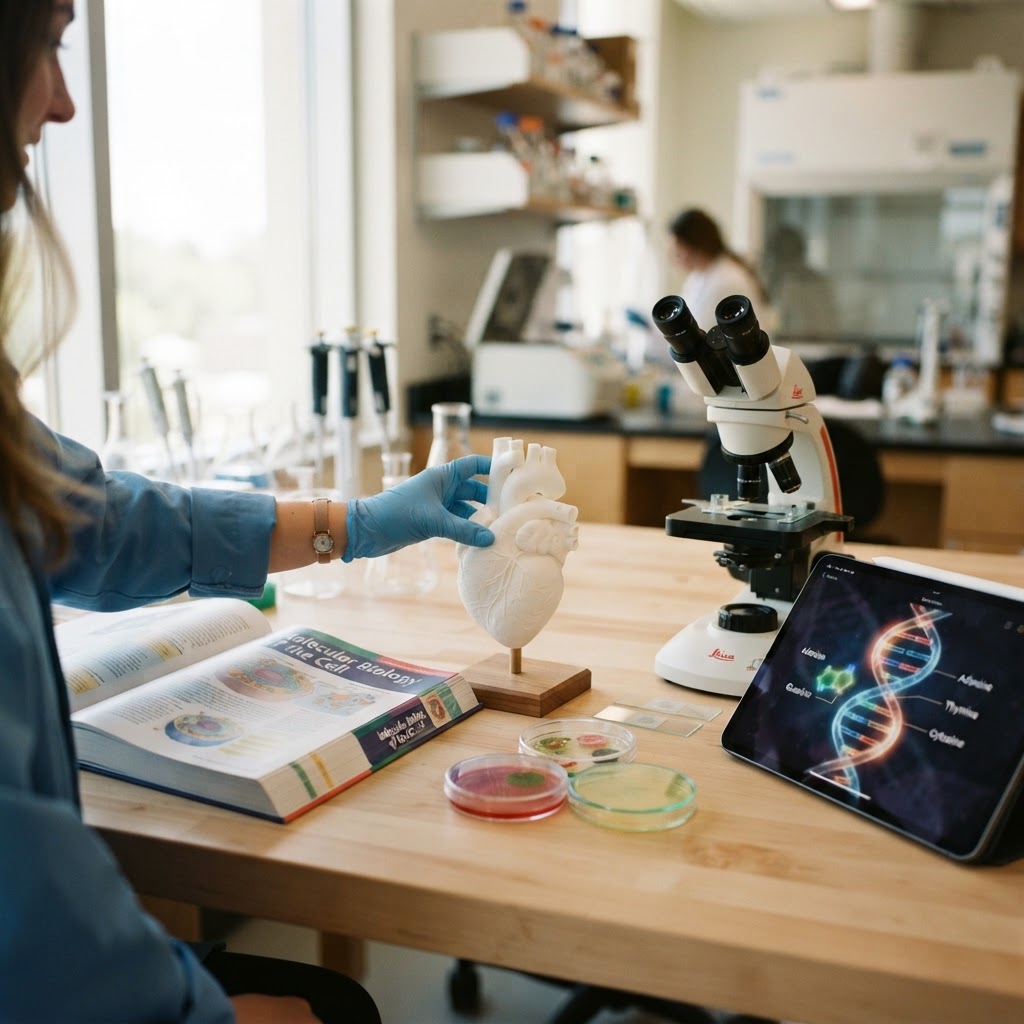 A life sciences lab workspace with a 3D-printed anatomical heart model, microscope, and biology textbook