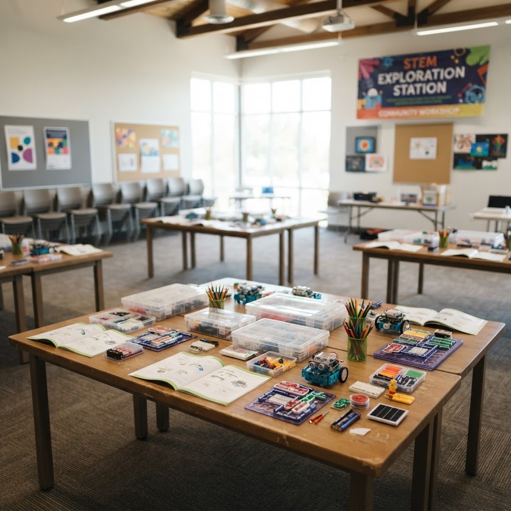 A community center room with tables set up for STEM activities