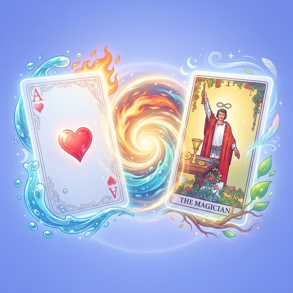 Ace of Hearts and The Magician Tarot card merging at a glowing golden light portal, framed by the four elements