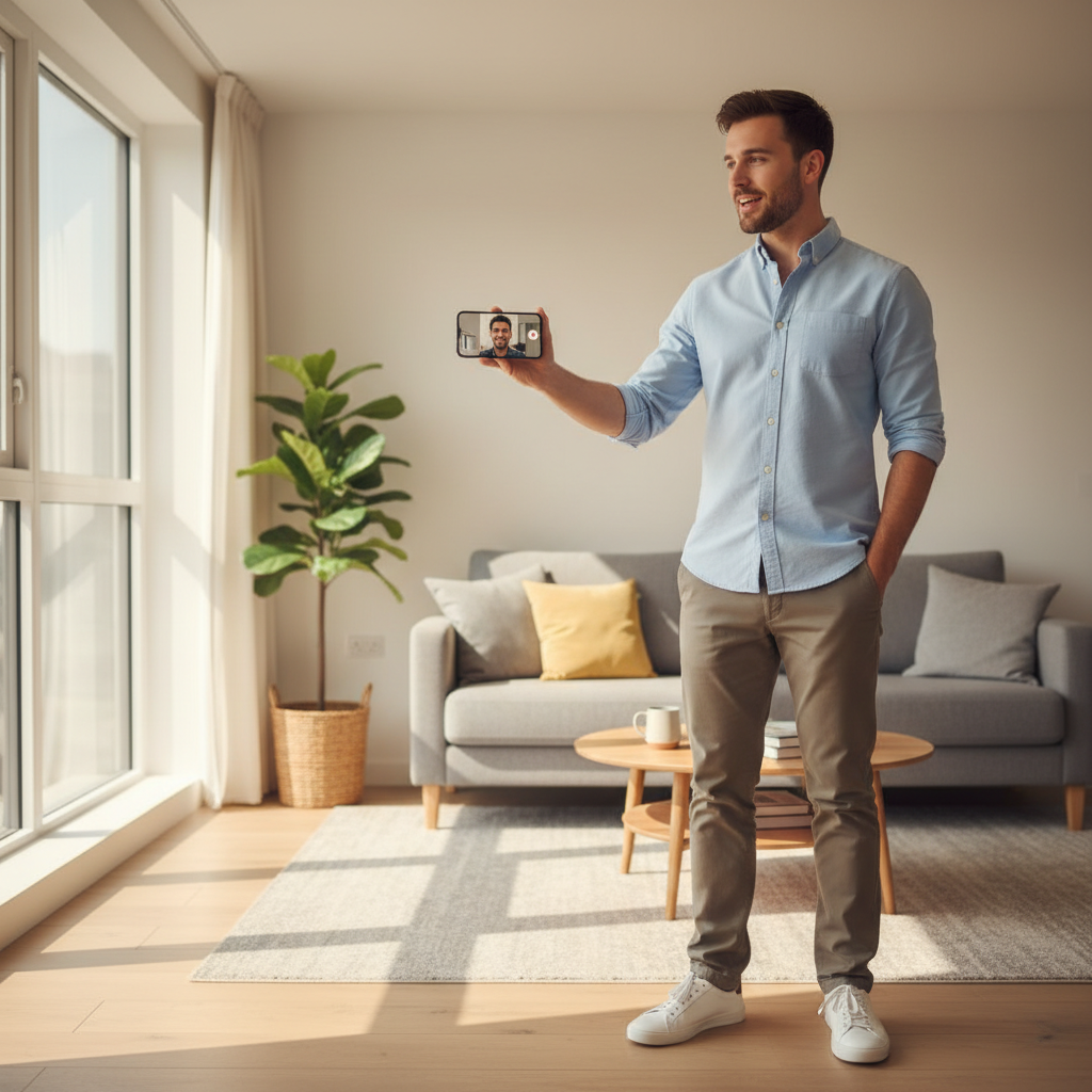 Arrival agent conducting a live WhatsApp viewing inside a rental property