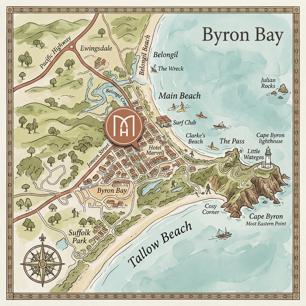 Byron Bay map showing Hotel Marvell location