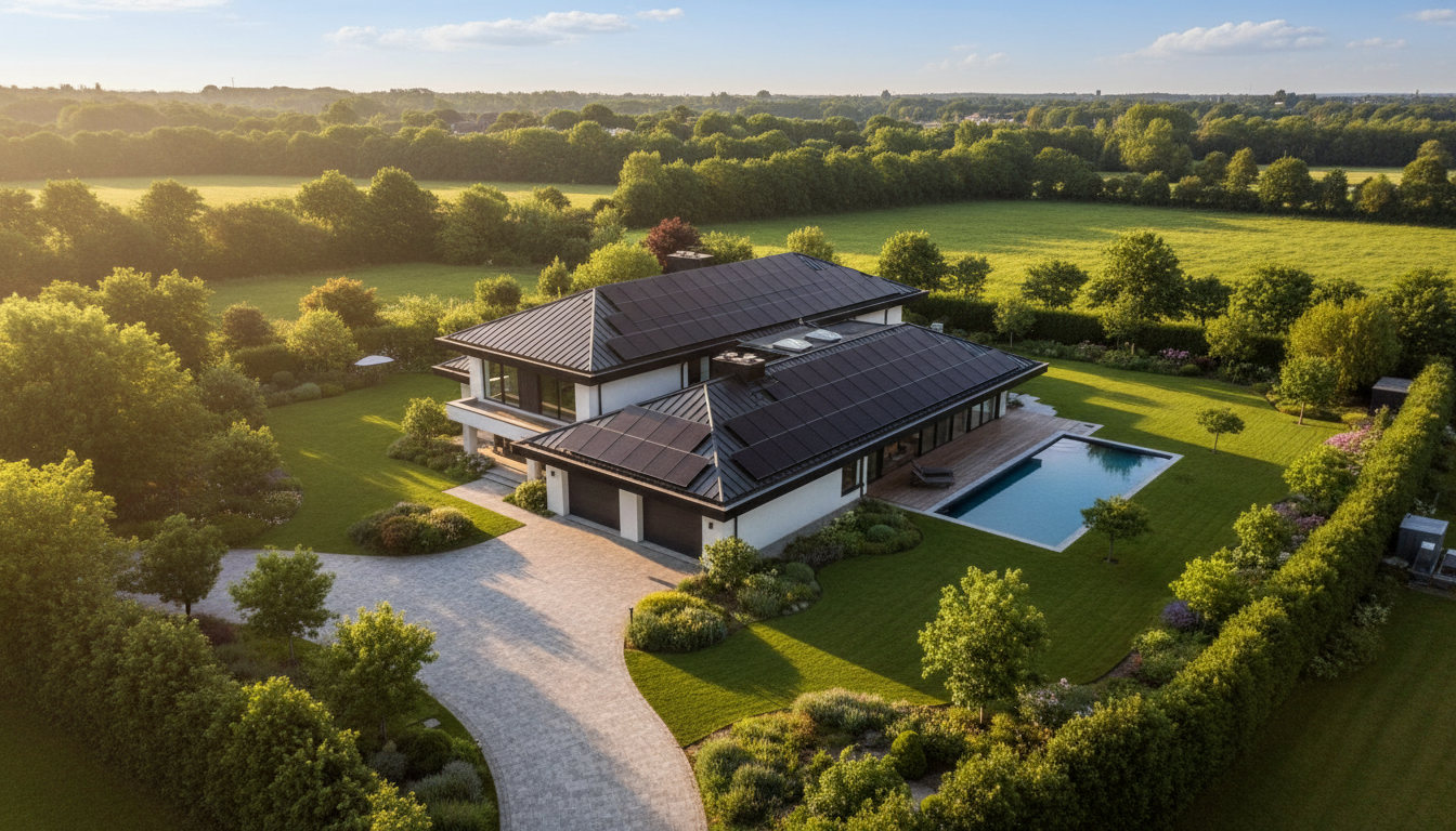 Modern UK home with solar panels on the roof on a sunny day