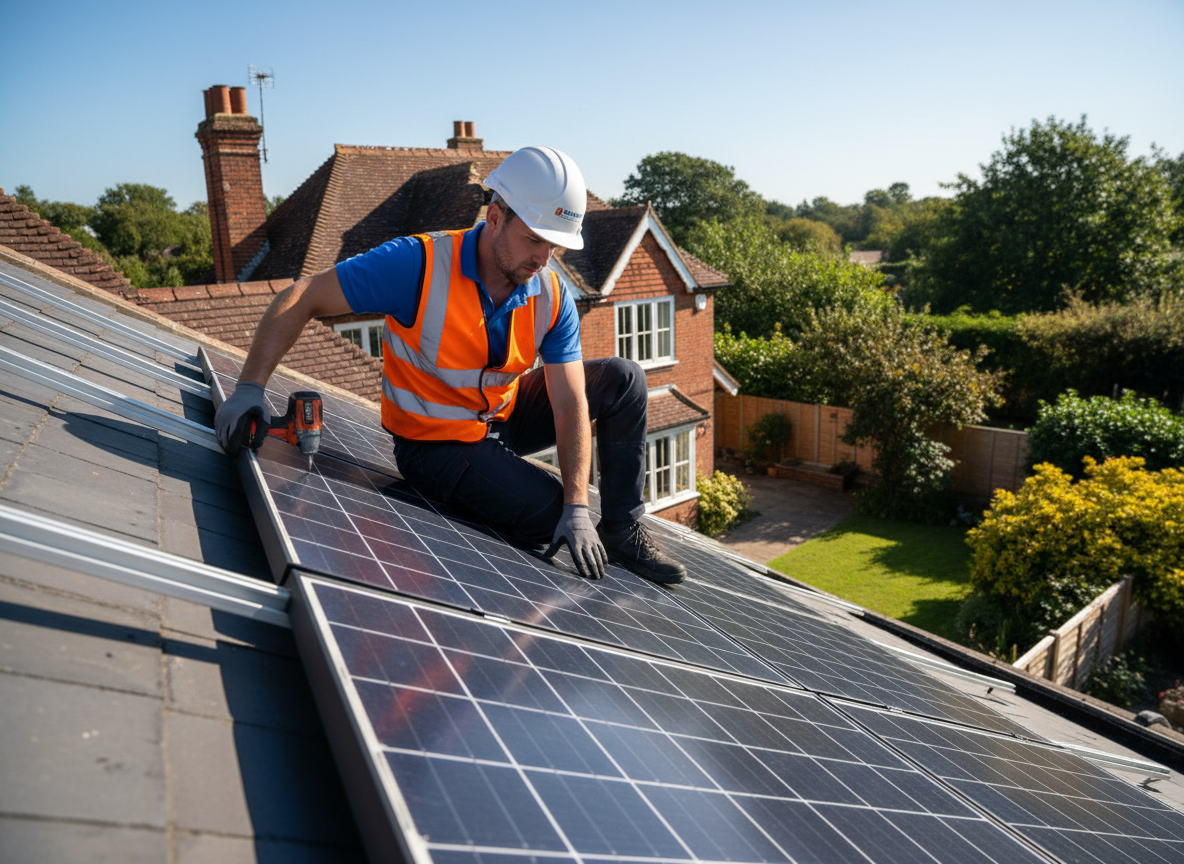 Solar panel installer working on a UK home roof