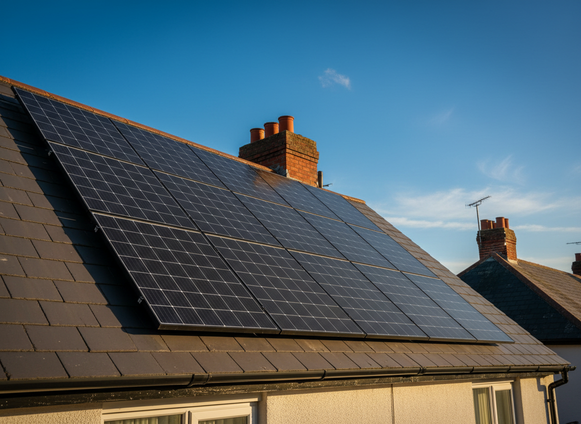 Close-up of modern solar panels on a UK home roof