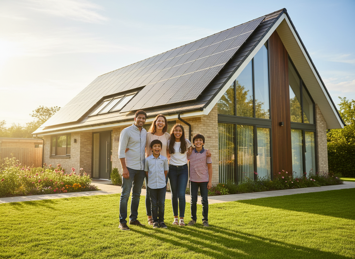 Happy family in front of their home with solar panels