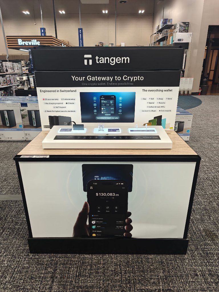 Tangem endcap display at Best Buy — front view