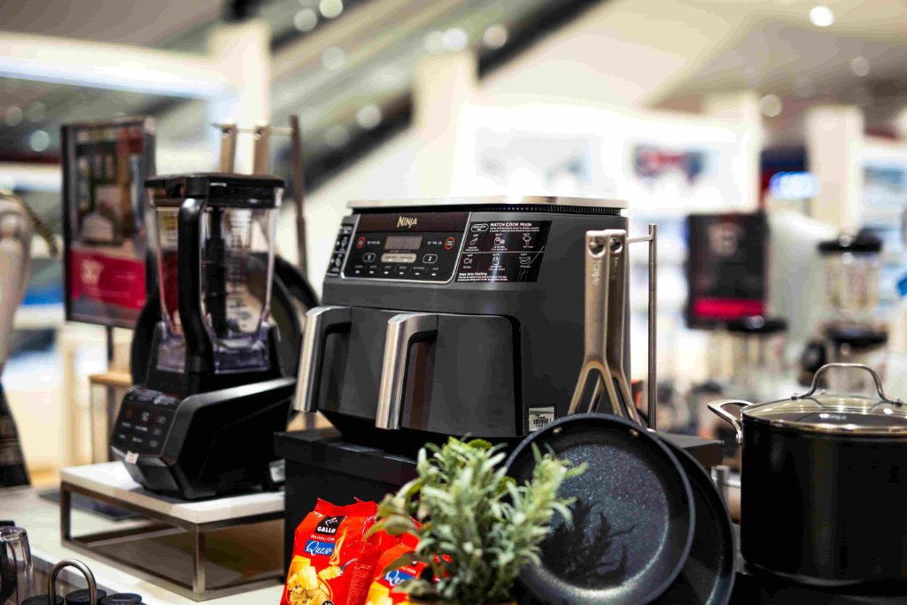 Ninja air fryer and blender display on retail floor