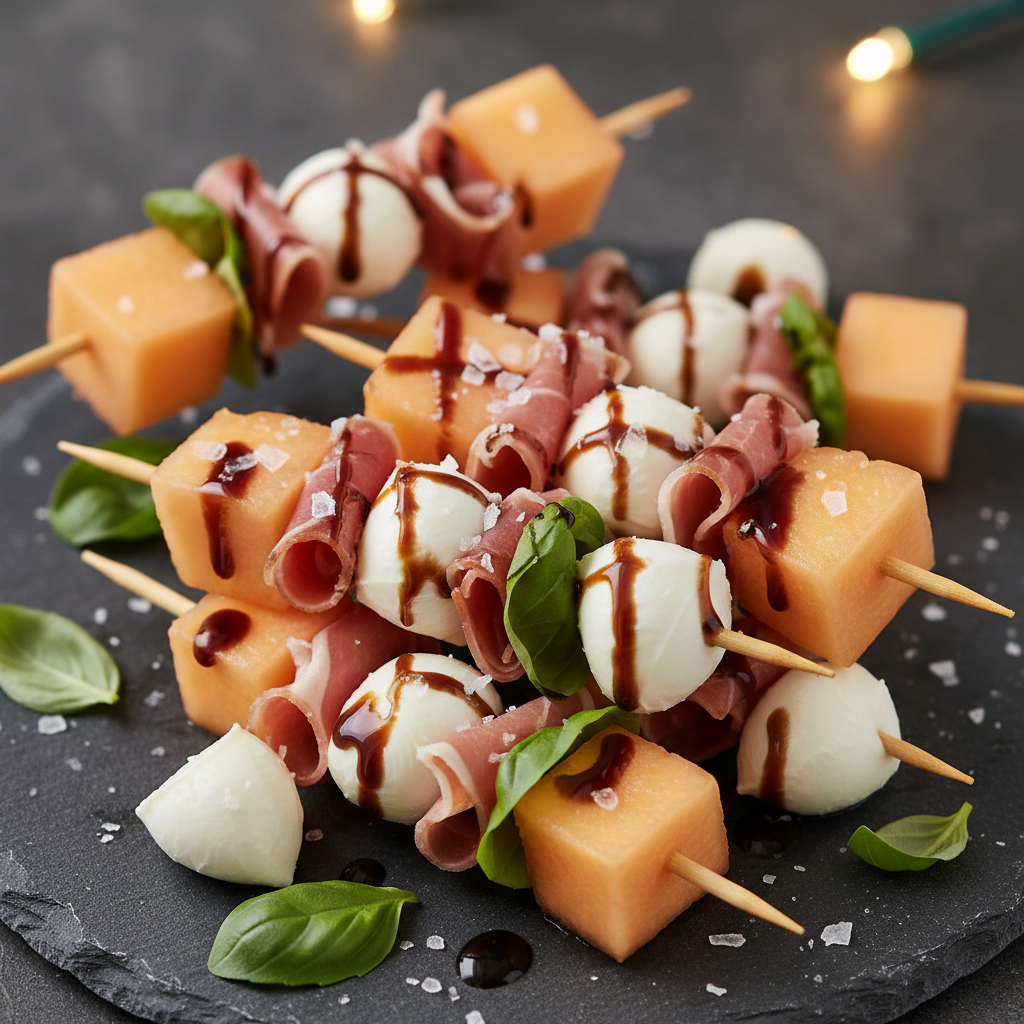 Cantaloupe, Mozzarella & Basil Skewers with Balsamic