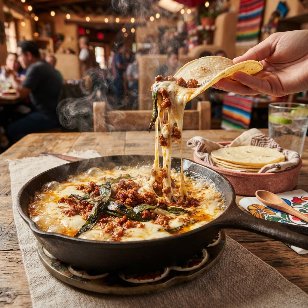 Texas Queso Flameado with Chorizo and Poblanos