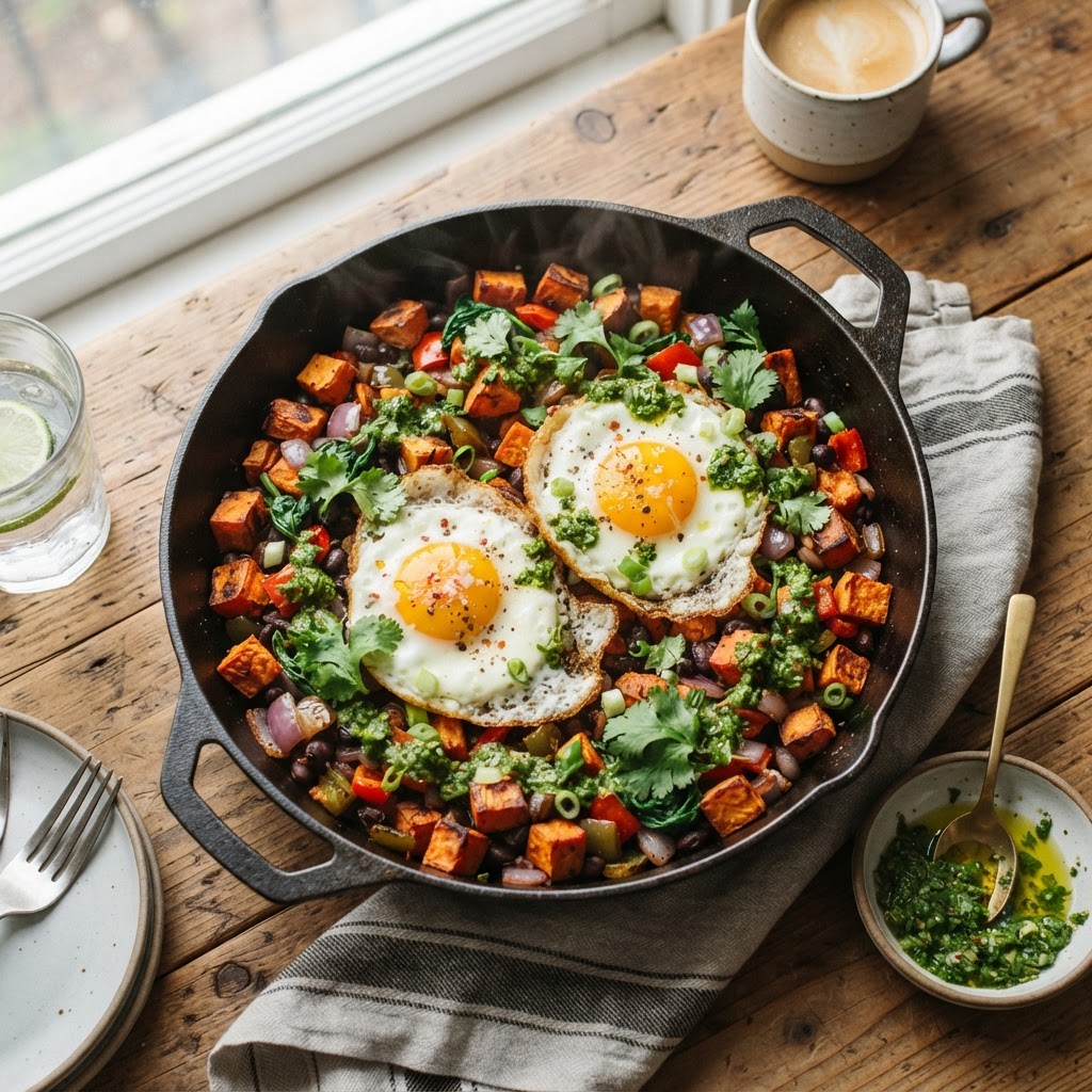 Sweet Potato Hash with Fried Eggs and Chimichurri: A Modern Brunch