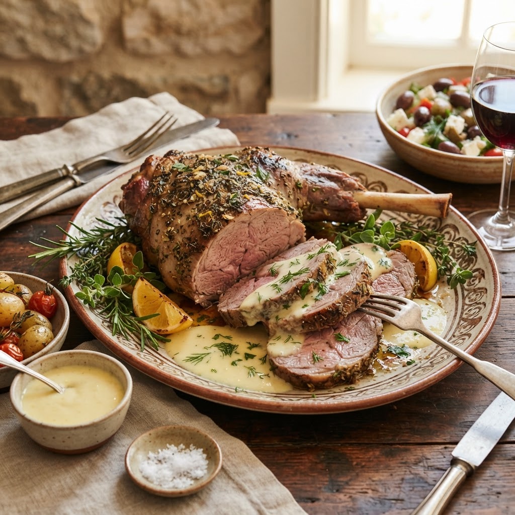Greek Roast Leg of Lamb with Lemon, Garlic, and Avgolemono Sauce