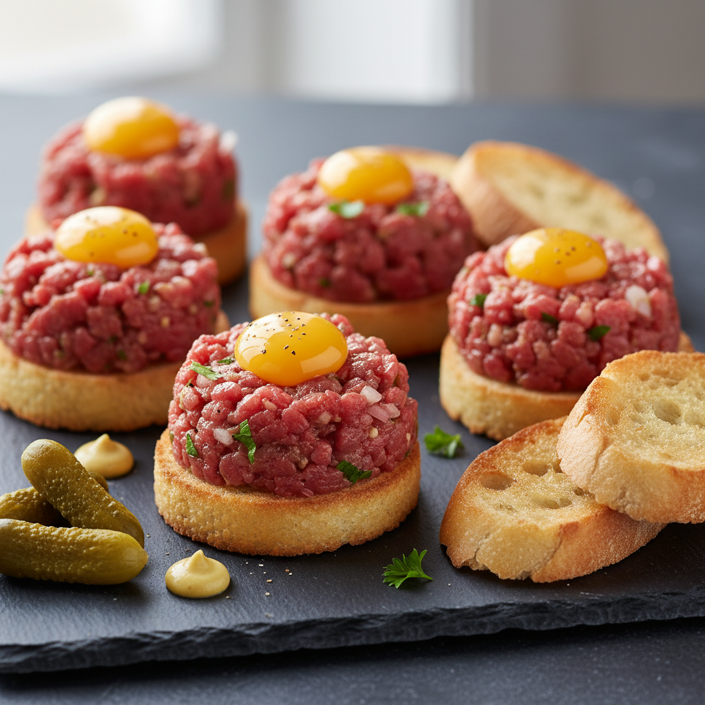 Steak Tartare on Crostini with Quail Egg