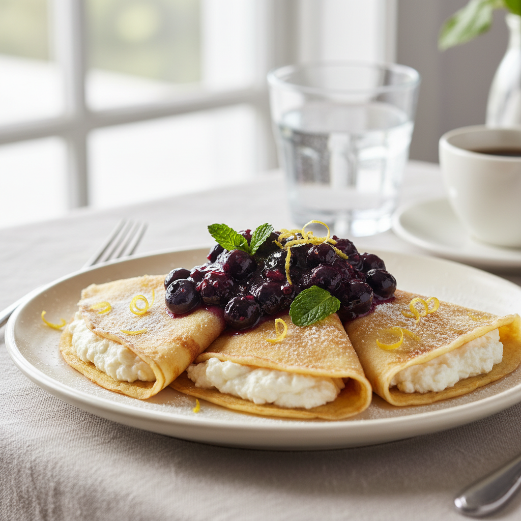 Lemon Ricotta Stuffed Crêpes with Blueberry Compote