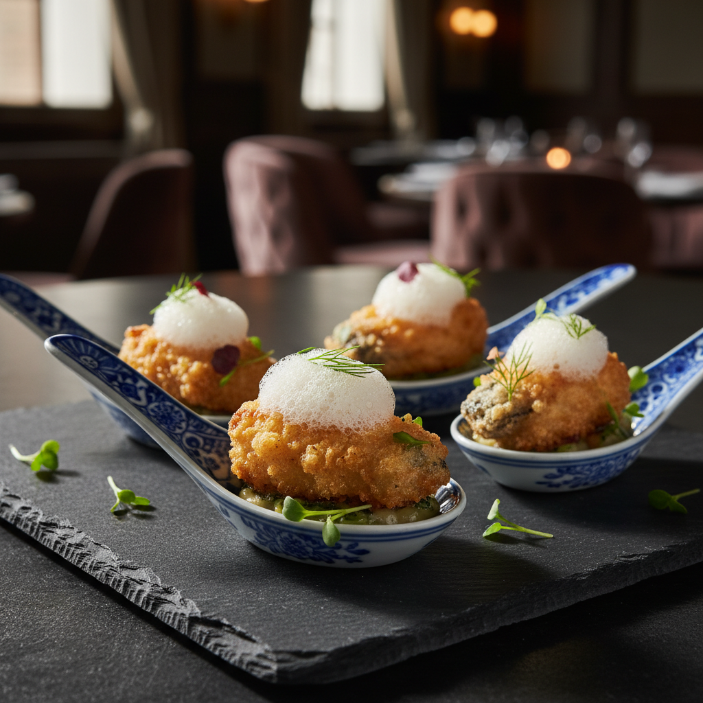 Champagne-Battered Oysters with Mignonette Foam
