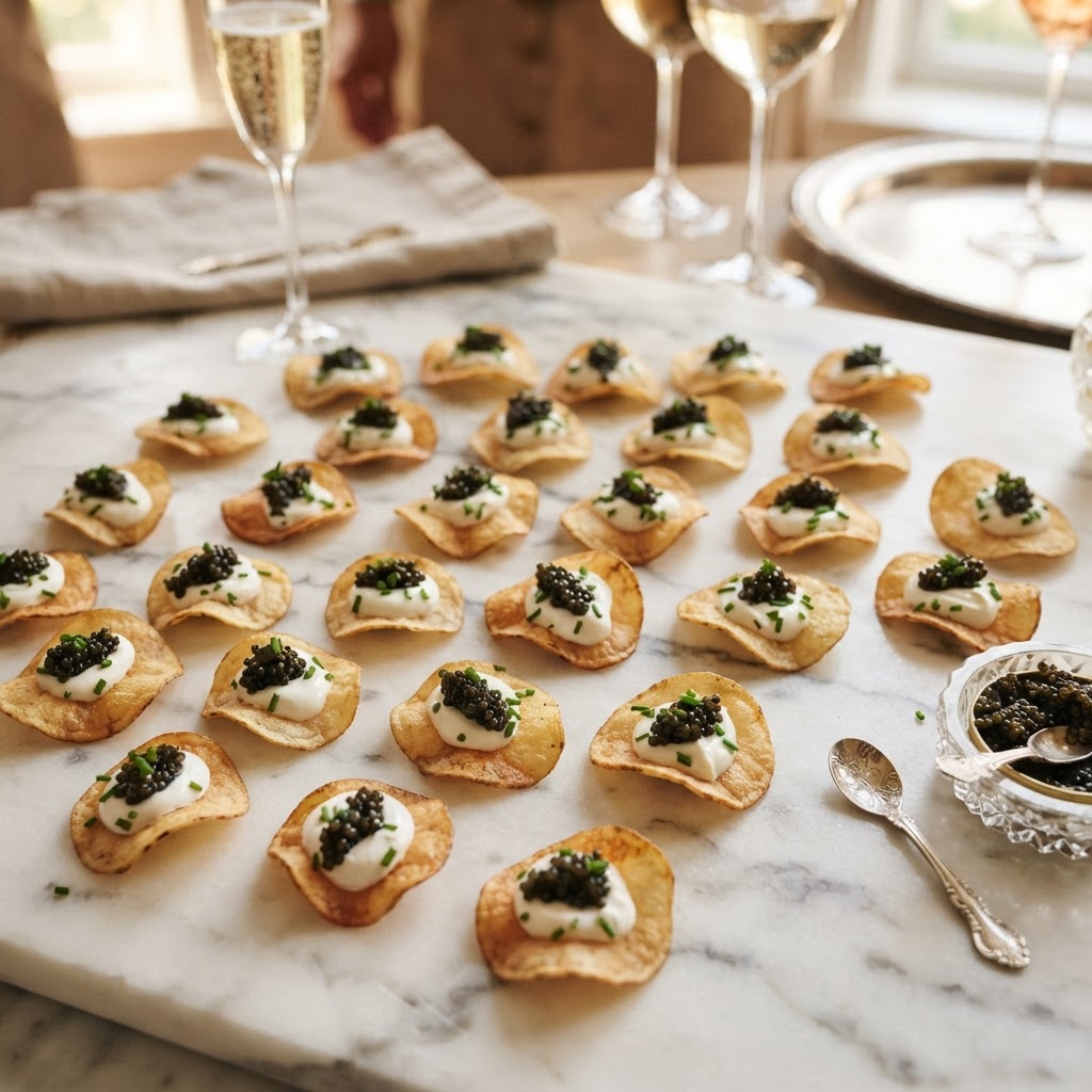 Caviar and Crème Fraîche on Homemade Potato Chips