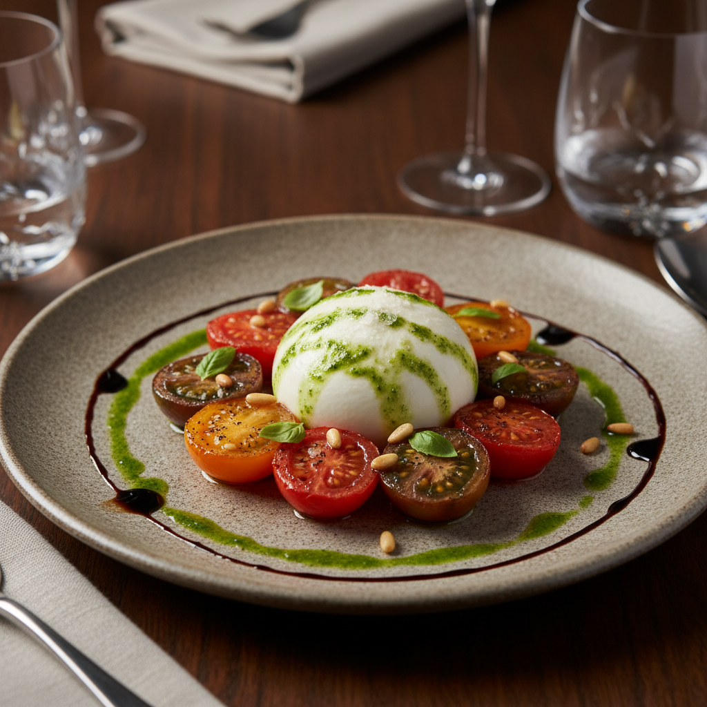 Burrata with Roasted Heirloom Tomatoes & Basil Oil