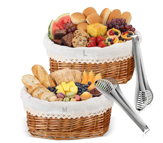 Ziliny 2-Set Wicker Bread Baskets with Linen Liners & Serving Tongs