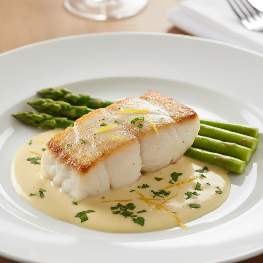 Pan-Roasted Halibut with Beurre Blanc & Asparagus