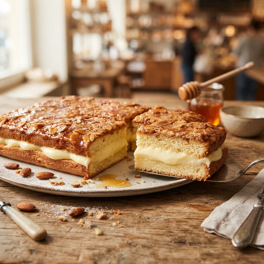 German Bienenstich: The Bee Sting Cake with a Honey-Almond Crown and a Custard Heart