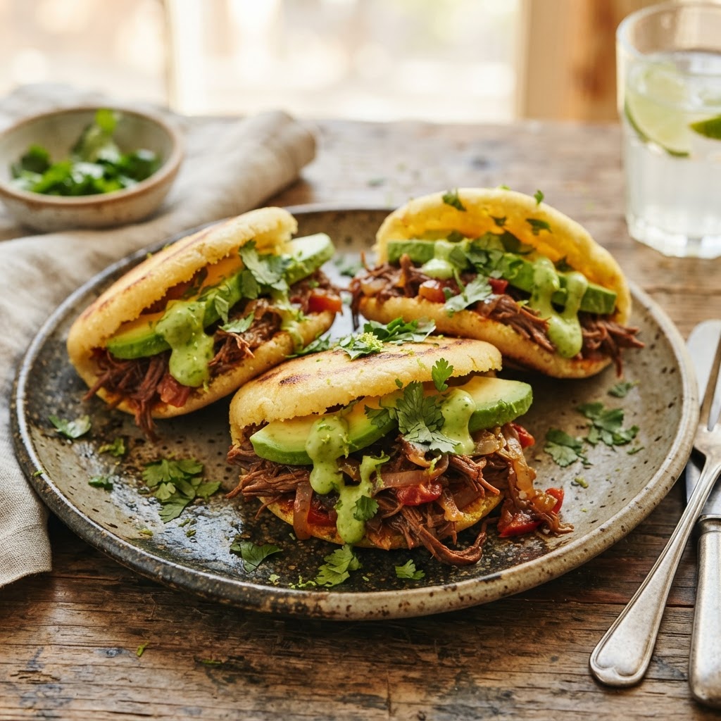 Arepas with Shredded Beef and Avocado Crema
