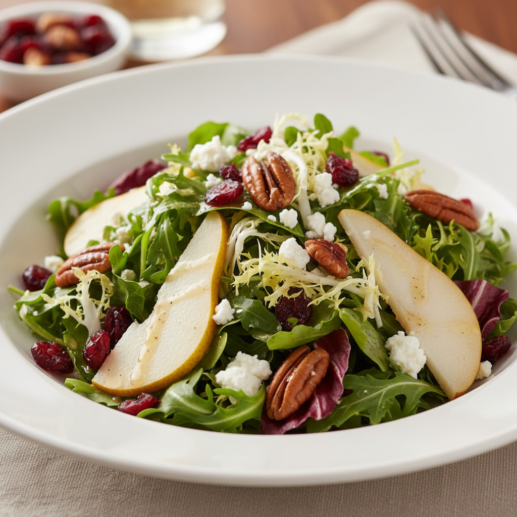 Mixed Greens with Candied Pecans, Dried Cranberry & Champagne Vinaigrette