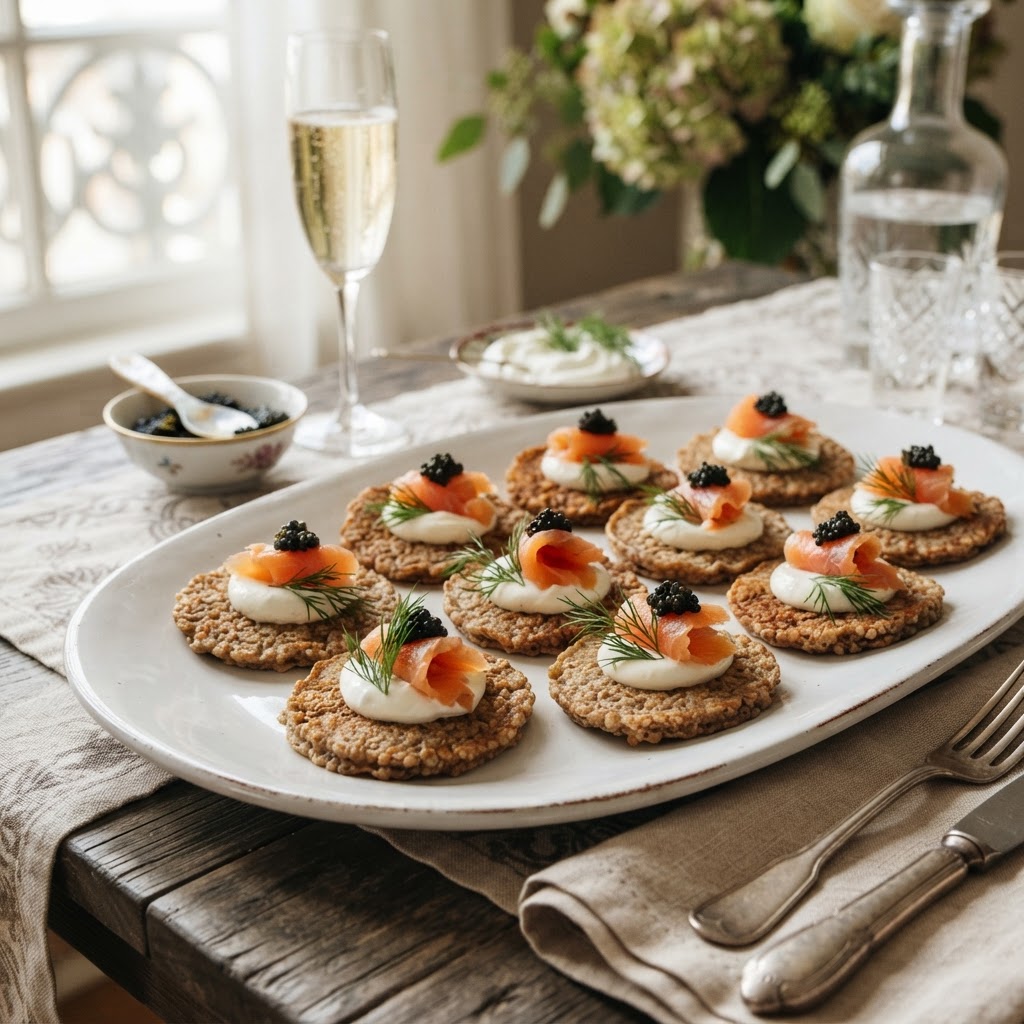 Russian Blini with Smoked Salmon and Crème Fraîche: The Medieval Buckwheat Pancake as an Elegant Party Bite