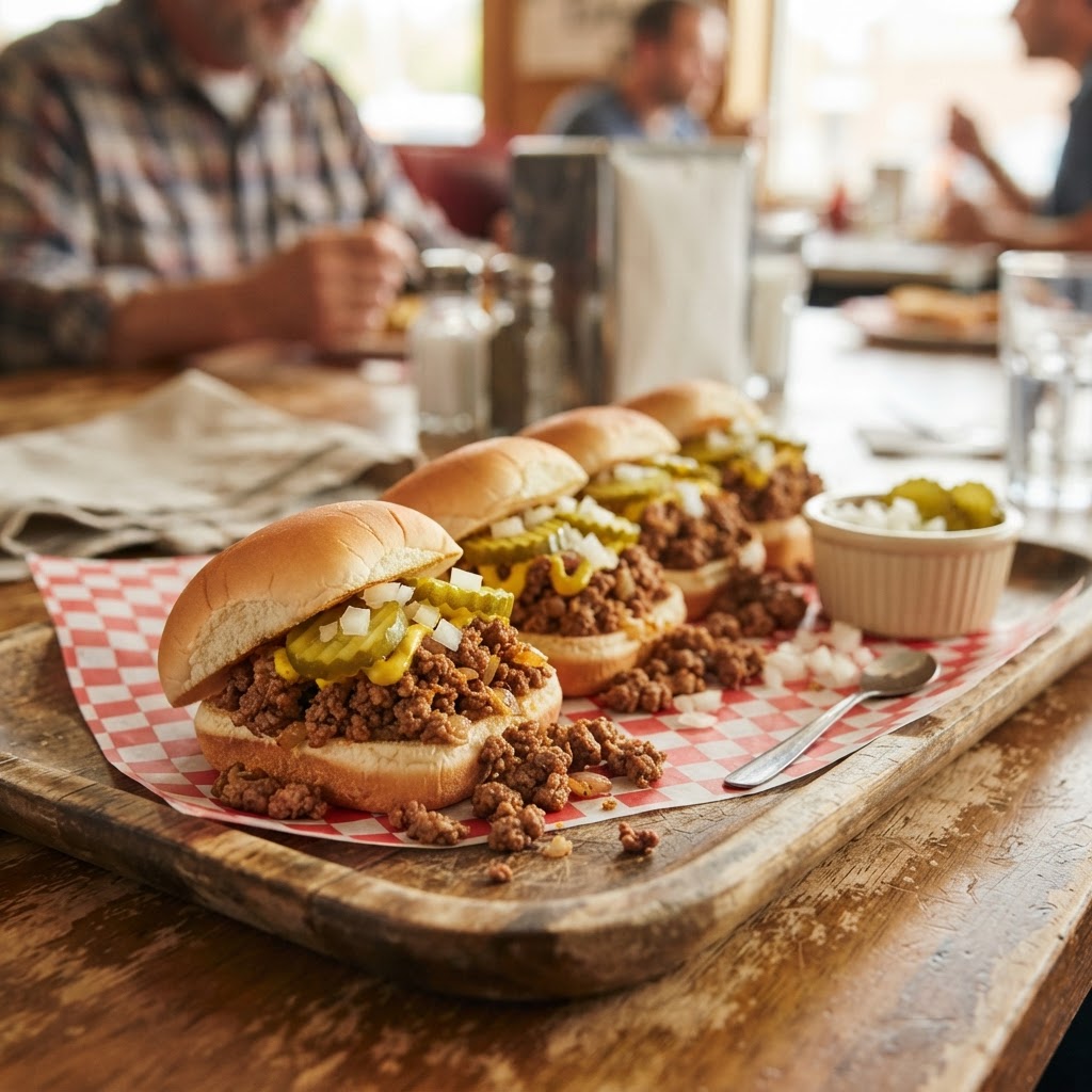 Iowa Maid Rite Loose Meat Sliders with Mustard and Pickles