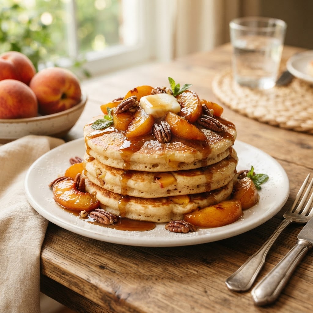 Georgia Peach Pancakes with Brown Sugar Bourbon Syrup: The Peach State's Summer Harvest on a Plate